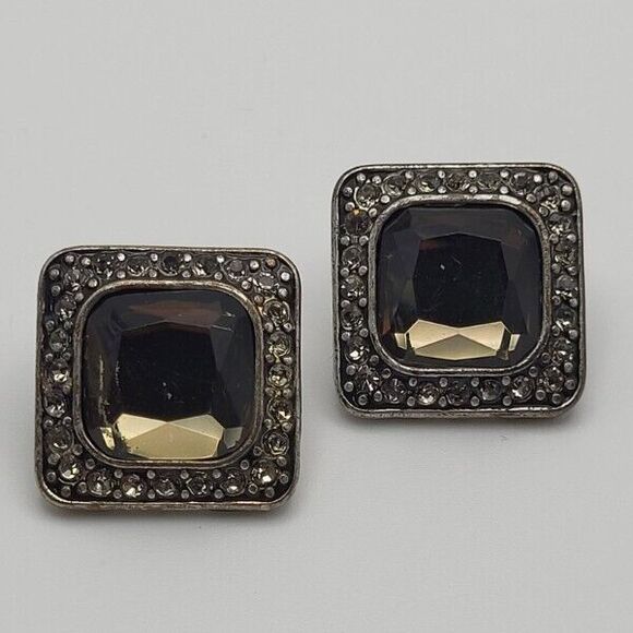 Vintage Golden-Green Stone Framed in Rhinestones Set in Silvertone Post Earrings - Picture 1 of 5